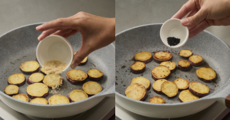 さつまいものフライパンバター焼きの作り方　4.さつまいもに火が通ったら砂糖小さじ１、ごまを振り入れて全体に馴染ませます。